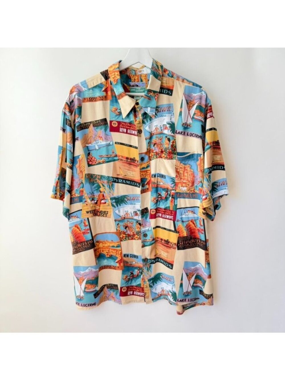 Reyn Spooner World Travel Postcard Hawaiian Shirt Beige Men’s Size XL